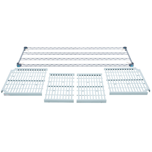 A white metal grid shelf with metal bars.