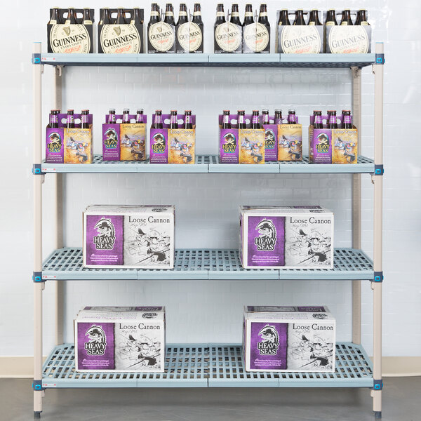 A MetroMax Q shelf with boxes and bottles on it.