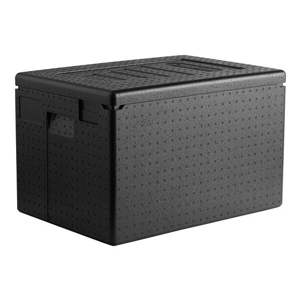 A black plastic Cambro Cam GoBox with a lid.