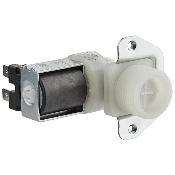 A close-up of a white plastic Avantco Ice inlet valve with a metal cap.