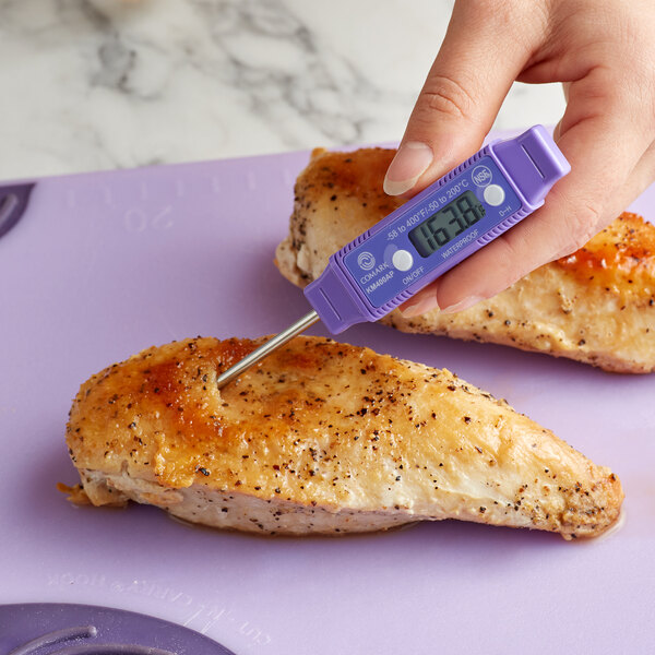 a person holding a thermometer to a chicken breast