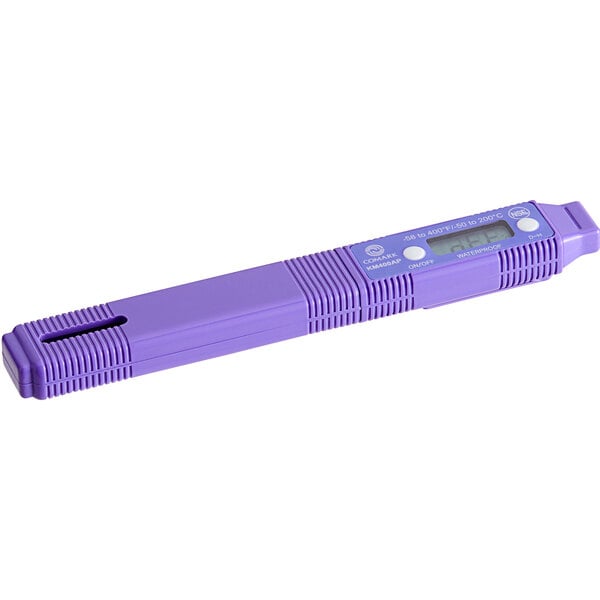 A purple digital Comark pocket probe thermometer.