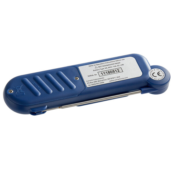 A blue Comark Pocketherm folding thermocouple thermometer with a white label.