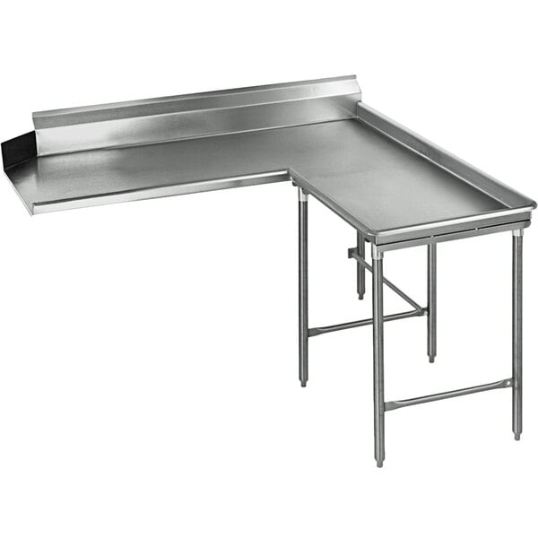 A stainless steel L-shape dishtable with legs.