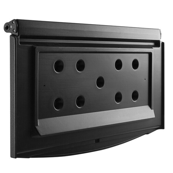 An Avantco black rectangular door with holes.