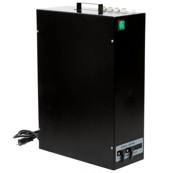 A black box with a green button and cord.