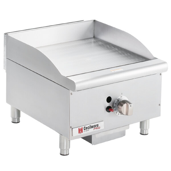 A Cecilware stainless steel gas griddle on a counter.
