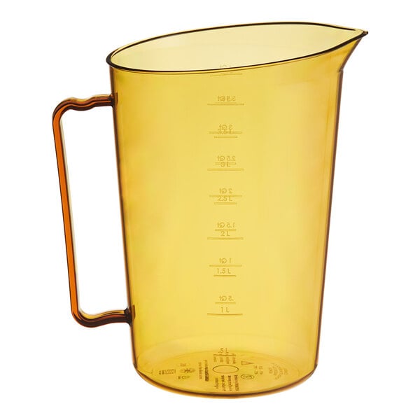 A yellow Cambro measuring cup with a handle.