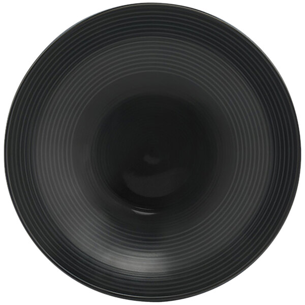 A black porcelain bowl with a spiral pattern on the front.