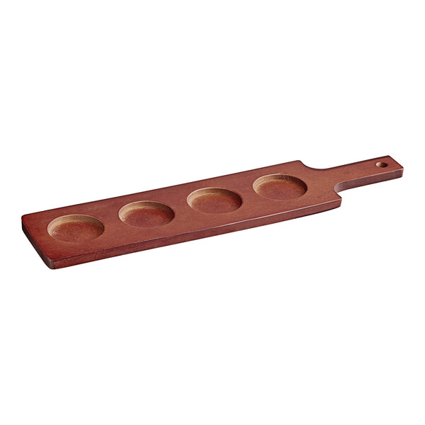 A mahogany wooden tray with six holes.
