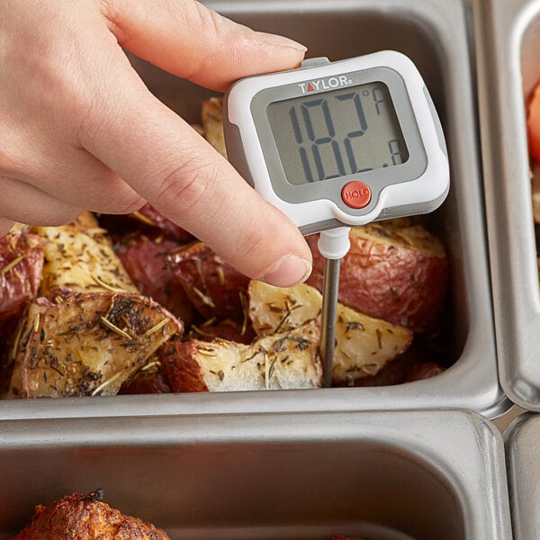 A person holding a Taylor digital pocket probe thermometer over food in a pan.