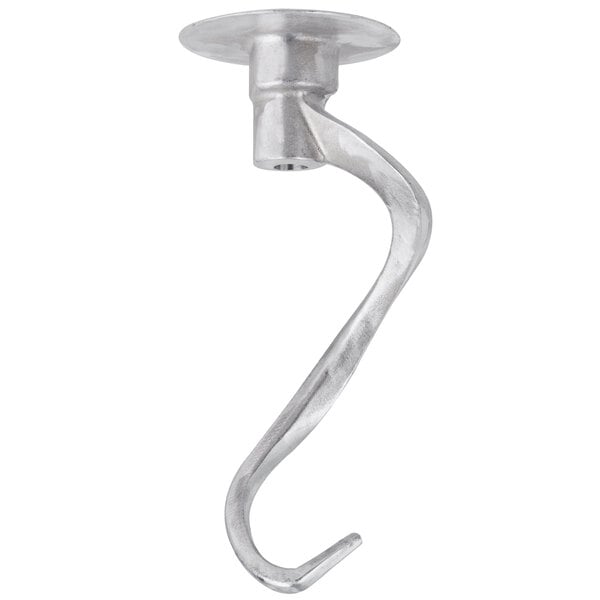 A silver Hobart aluminum dough hook with a metal handle.