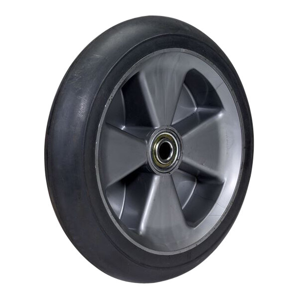 The black rubber tire on the wheel rim of a Wesco Cobra-Lite hand truck.