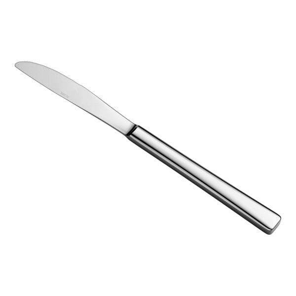 A stainless steel dinner knife with a smooth, rounded handle and a slightly serrated blade.