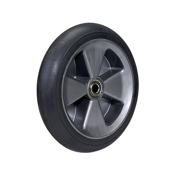 A black wheel with a black rim and spokes on a white background.