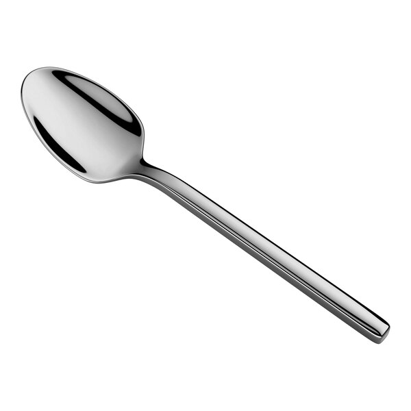 A shiny, stainless steel teaspoon with a simple, modern design is shown against a white background.