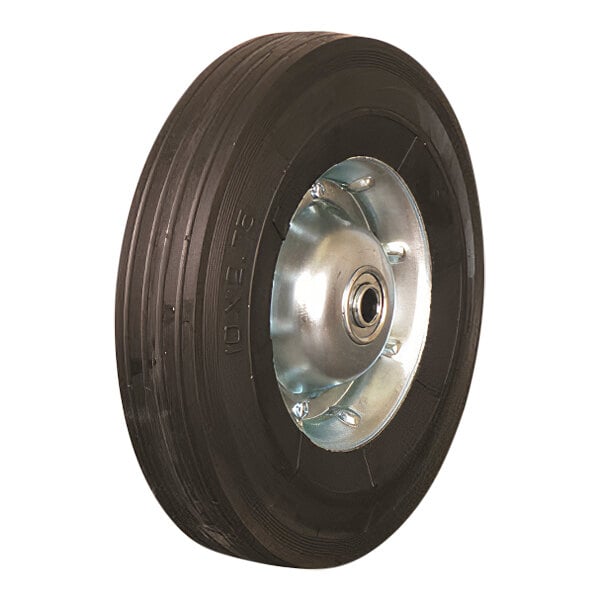 A close-up of a black tire with a silver wheel rim.