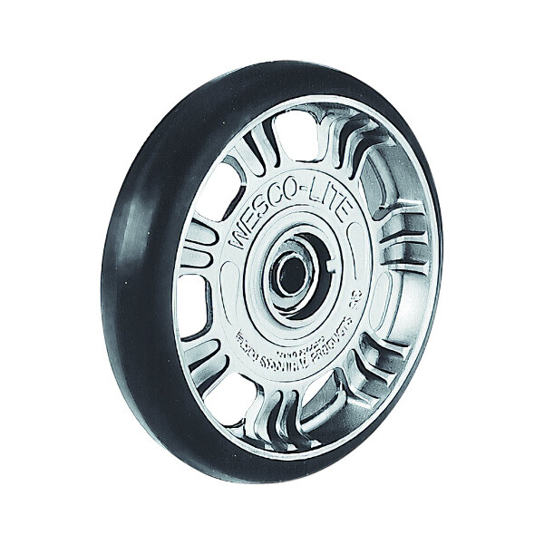 A wheel with a black rim and silver spokes on a Wesco Industrial Products Cobra-Lite hand truck.