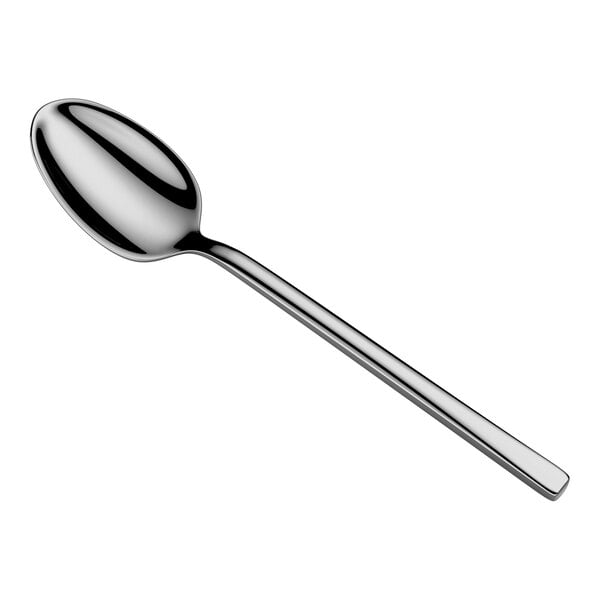 A shiny, stainless steel spoon with a rounded bowl and a straight handle is shown against a white background.