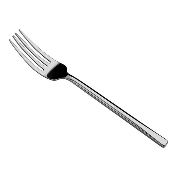 A metal fork with four tines and a simple, straight handle is shown against a white background.
