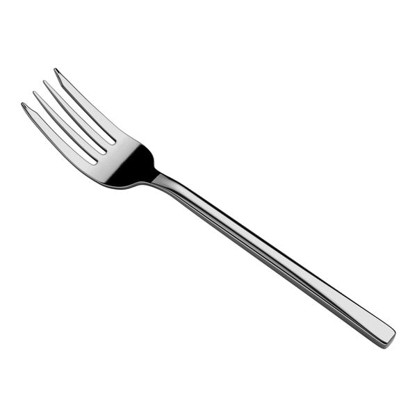 A shiny, metallic fork with four tines and a straight handle is shown against a white background.