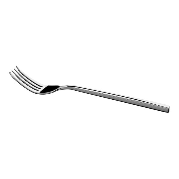 A shiny, metal fork with four tines and a straight handle is shown against a white background.
