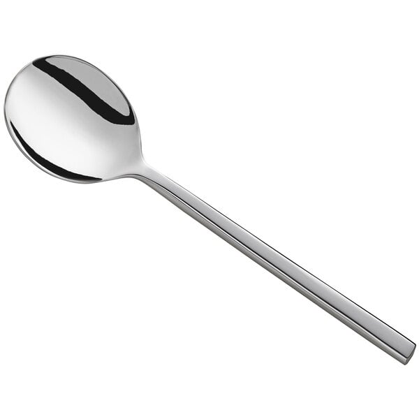 An Acopa Phoenix stainless steel bouillon spoon with a long silver handle.