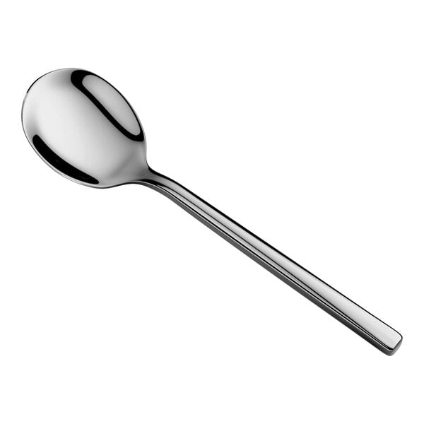 A shiny, stainless steel spoon with a rounded bowl and a straight handle is shown against a white background.