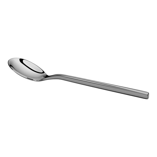 A shiny, stainless steel spoon with a round bowl and a straight handle is shown against a white background.