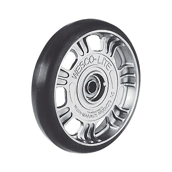 The wheel of a Wesco Industrial Products Cobra-Lite hand truck with a black rim and silver spokes.