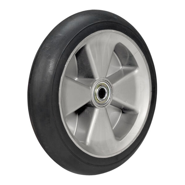 The wheel of a Wesco Industrial Products Cobra-Lite hand truck with a black rubber tire and silver spokes.