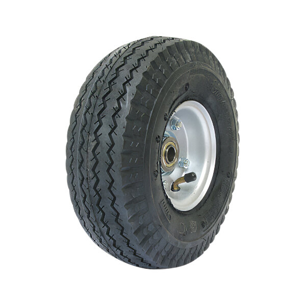 A close-up of a black tire with a silver rim.