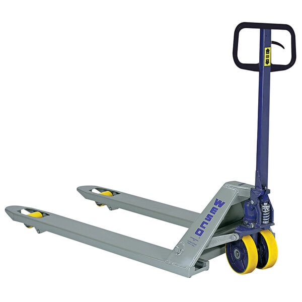 A Wesco pallet truck with yellow wheels and a yellow handle.