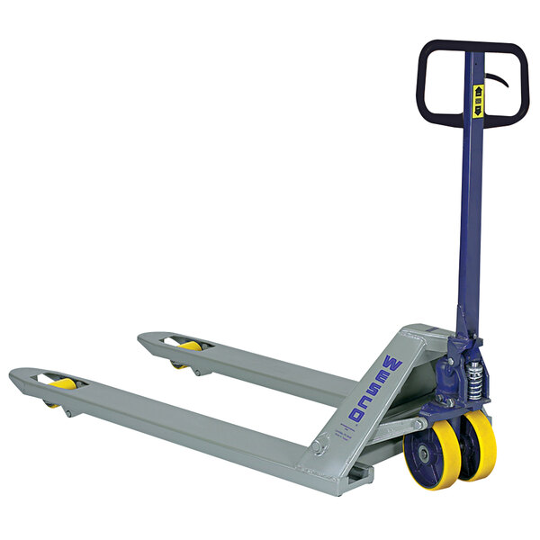 A Wesco pallet truck with yellow wheels.