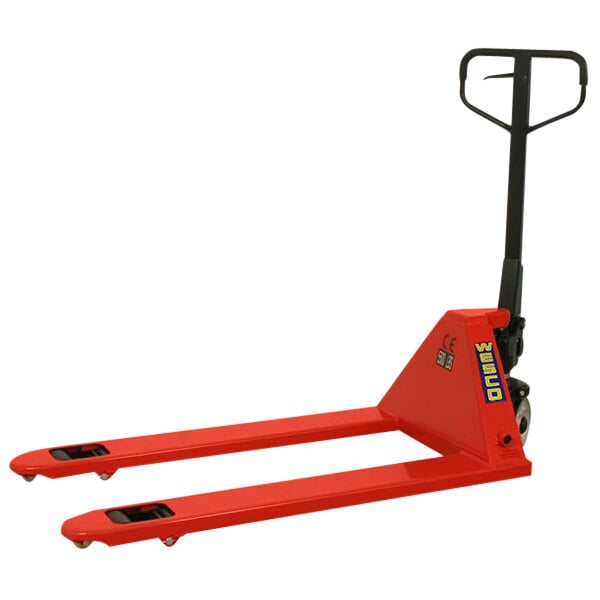 A Wesco red hand pallet truck with black forks and handle.