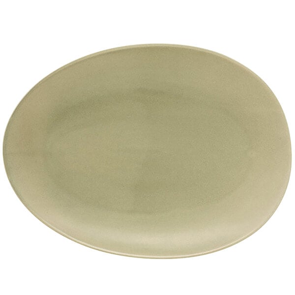 A white Front of the House Tides porcelain oval plate with a light green rim.