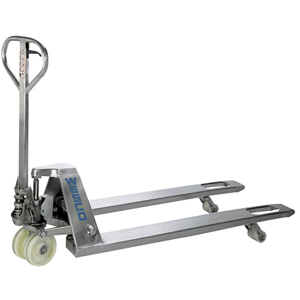 A silver Wesco hand pallet truck with wheels and a handle.