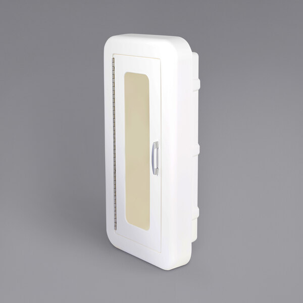 A white plastic semi-recessed fire extinguisher cabinet bezel with a glass door.