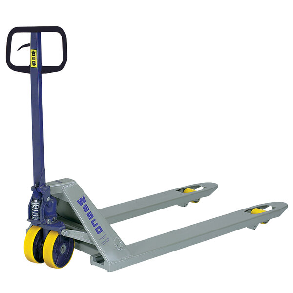 A Wesco Deluxe Lowboy pallet truck with yellow wheels.