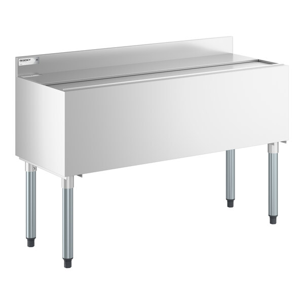 A stainless steel underbar ice bin with bottle holders and a sliding lid.