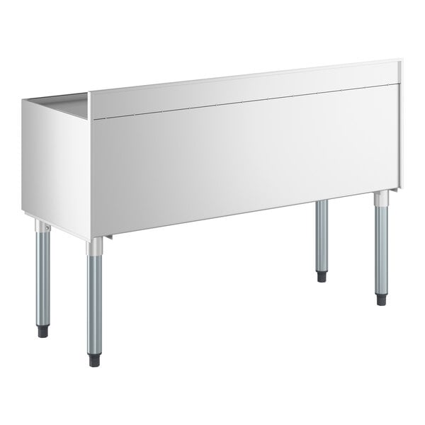 A stainless steel underbar ice bin with bottle holders and a sliding lid, measuring 18 by 48 inches.