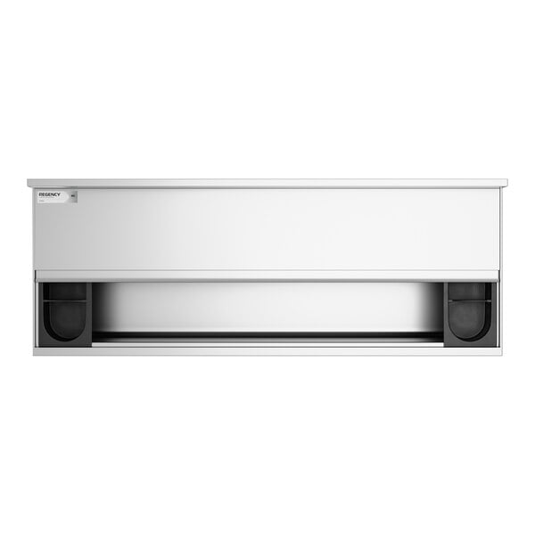 A stainless steel underbar ice bin with bottle holders and a sliding lid.