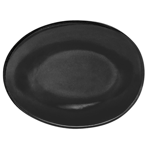 A black oval porcelain bowl with a rim on it.