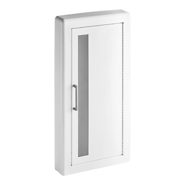 A white JL Industries fire extinguisher cabinet door with a vertical window.