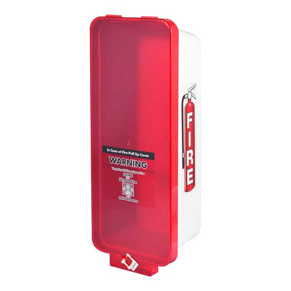 A white and red Cato fire extinguisher cabinet with a red pull cover.