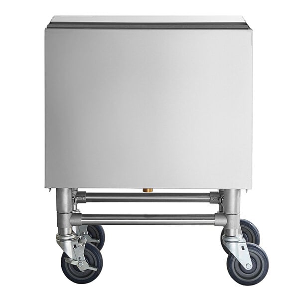 A silver stainless steel box with black wheels.