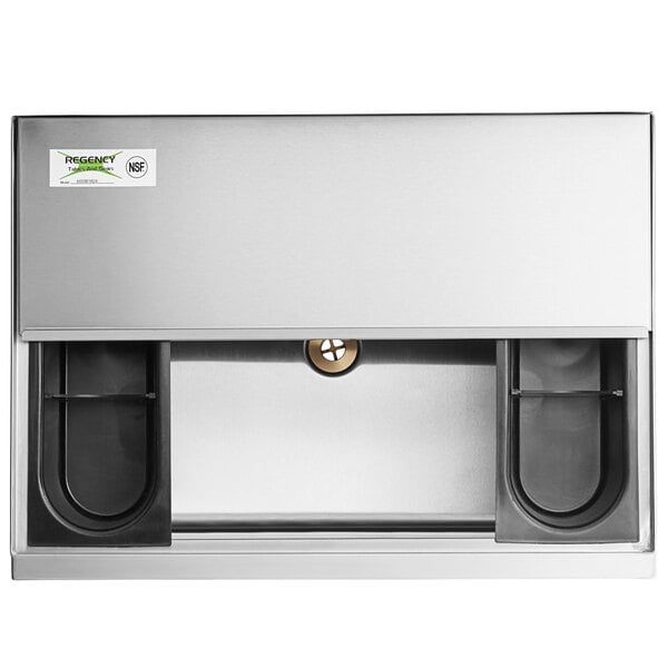 A stainless steel Regency portable ice bin with sliding lid on a counter.