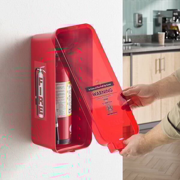 A red surface-mounted fire extinguisher cabinet with a red pull-cover, designed to hold 2 1/2 lb. or 5 lb. fire extinguishers.