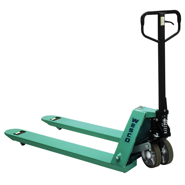 A green Wesco pallet truck with black nylon wheels and a handle.