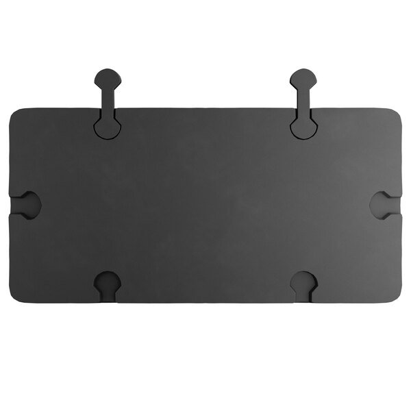 A black plastic square display base with two holes in it.